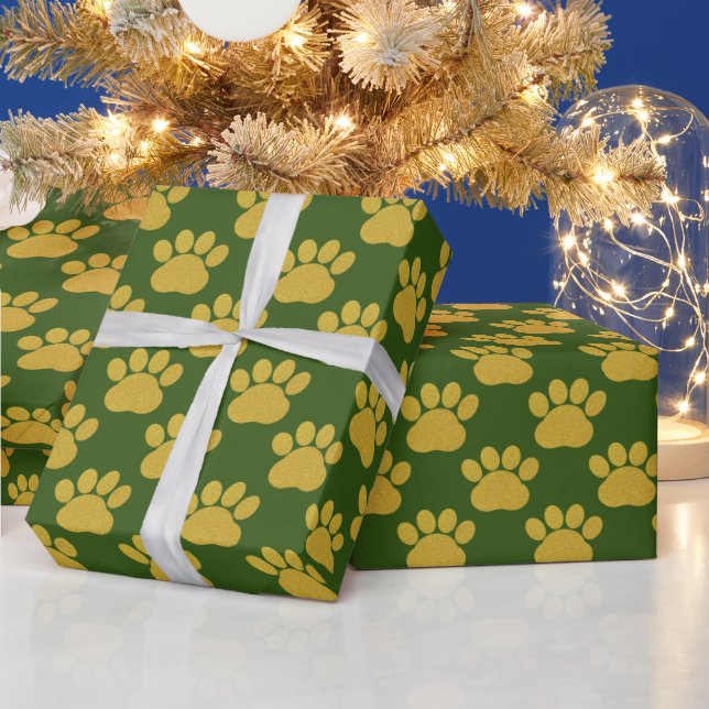 Cute Gold Glitter Paw Prints Pet Lovers Green Wrapping Paper (Holidays)