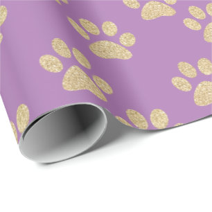 Cute Gold Glitter Paw Prints Pet Lovers Purple Wrapping Paper