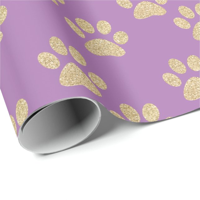 Cute Gold Glitter Paw Prints Pet Lovers Purple Wrapping Paper (Roll Corner)