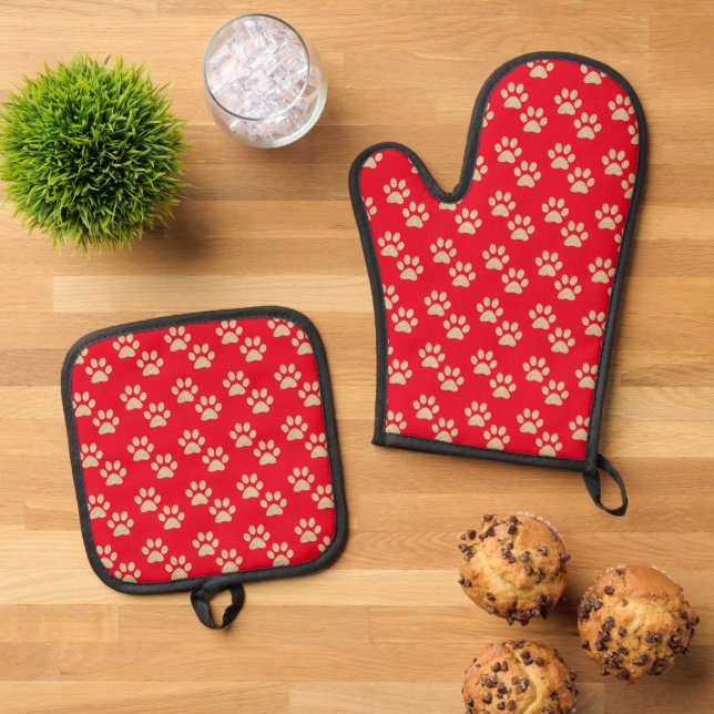 Cute Gold Glitter Paw Prints Pet Lovers Red Oven Mitt & Pot Holder Set (Top Down)