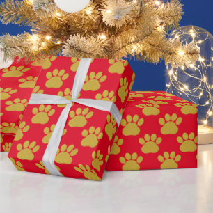 Cute Gold Glitter Paw Prints Pet Lovers Red  Wrapping Paper