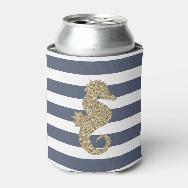 Cute Gold Glitter Seahorse Striped Can Cooler (Can Front)