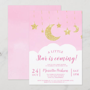 Cute gold glitter star moon cloud pink baby shower invitation