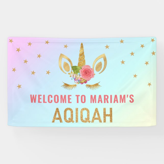 Cute Gold Glitter Unicorn Aqiqah Banner (Horizontal)