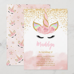 Cute Gold Glitter Unicorn Birthday Invitation