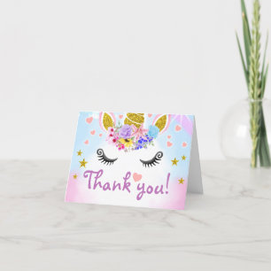 Cute Gold Glitter Unicorn with Flowers Thank You Card