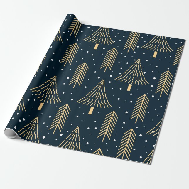 Cute Gold Green Blue Christmas Tree Pattern Wrapping Paper (Unrolled)