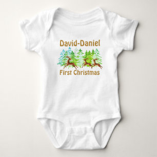 Cute Gold Green Trees Deers Baby First Christmas Bodysuit