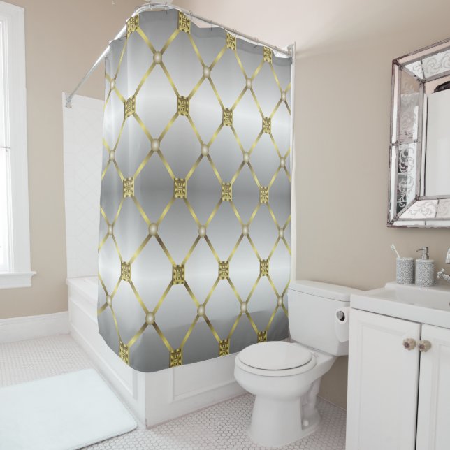 Cute Gold Grey And White Geometric Pattern Shower Curtain (In Situ)