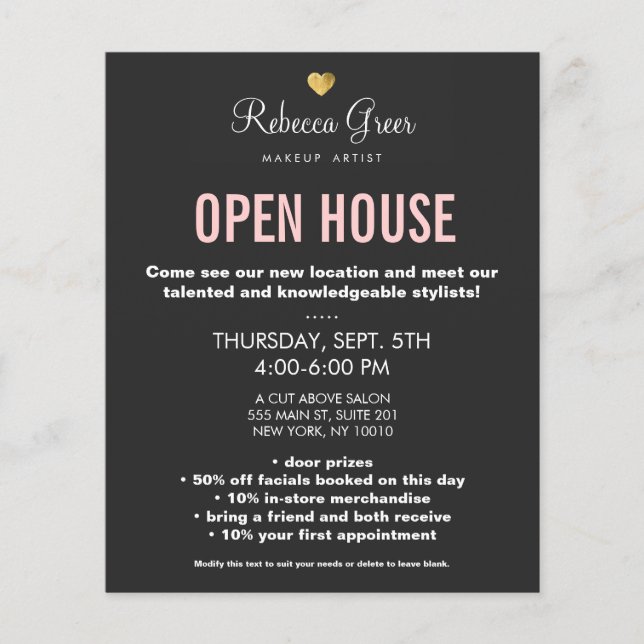 Cute Gold Heart Black Beauty Salon Open House Menu (Front)