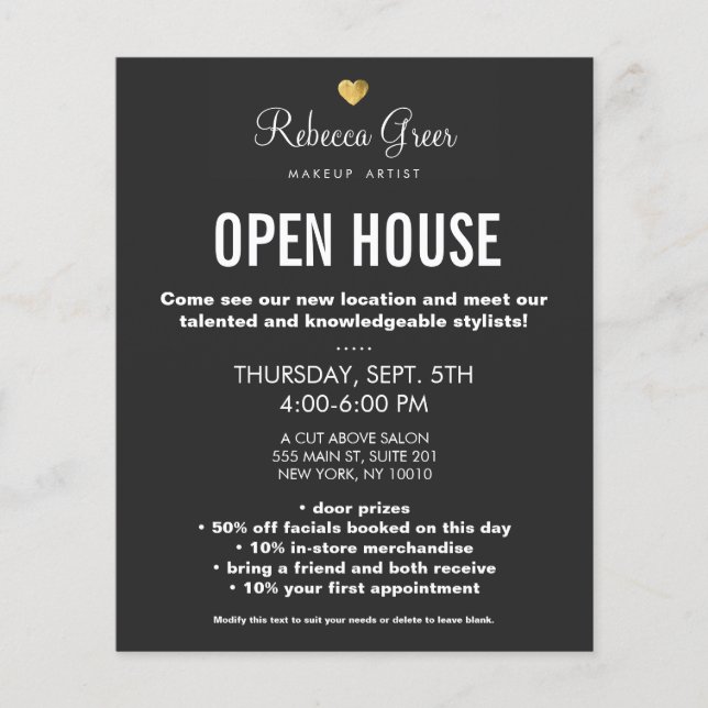 Cute Gold Heart Black Beauty Salon Open House Menu (Front)