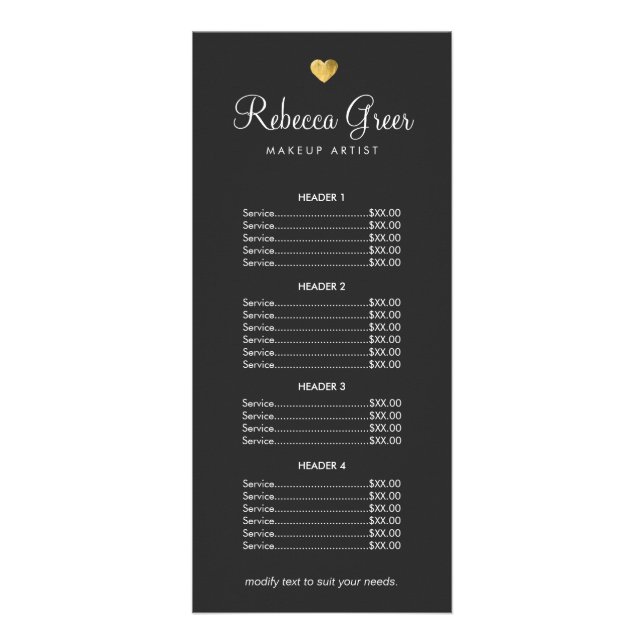 Cute Gold Heart Black Beauty Salon Price List Menu (Front)