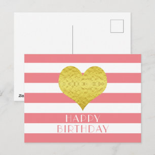 Cute Gold Heart Pink And White Happy Birthday  Postcard