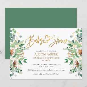 Cute Gold Heart Script Eucalyptus Baby Shower Invitation