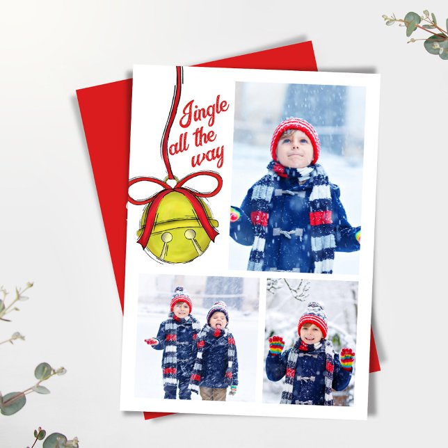 Cute Gold Jingle Bell Photo Collage Christmas Holiday Card (Christmas "Jingle all the way" three photo collage greeting card.)