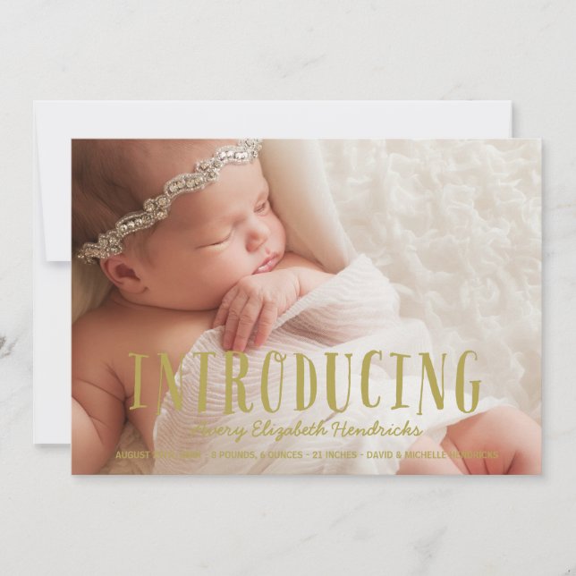 Cute Gold Lettering 1-Photo Birth Announcement (Front)