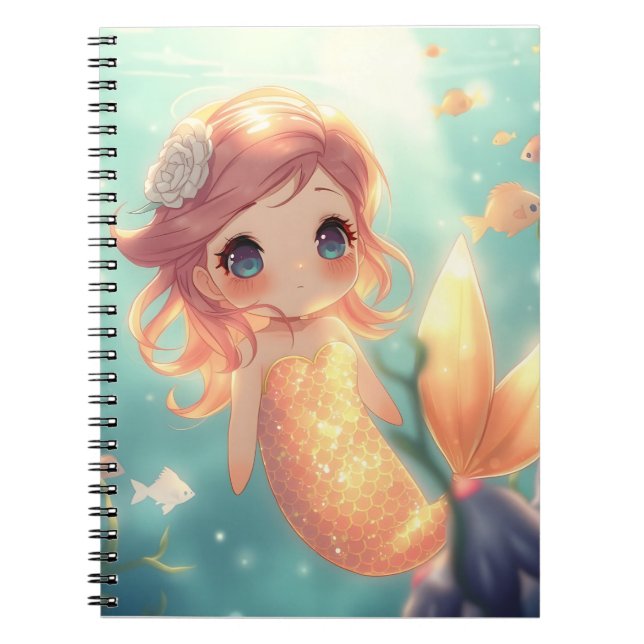 Cute gold mermaid in underwater world notebook (Front)