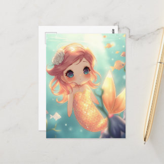 Cute gold mermaid in underwater world postcard