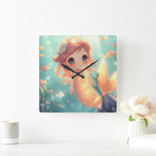 Cute gold mermaid in underwater world square wall clock