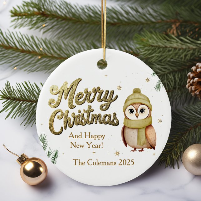 Cute Gold Merry Christmas Owl Personalised Ceramic Tree Decoration (Creator Uploaded)
