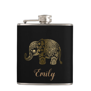 Cute Gold Paisley Elephant Hip Flask
