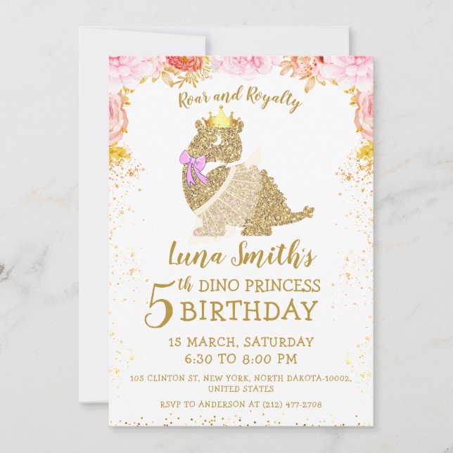 Cute Gold Princess Little Dinosaur Girl Birthday Invitation (Front)