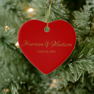 Cute gold red heart custom script names date ceramic tree decoration