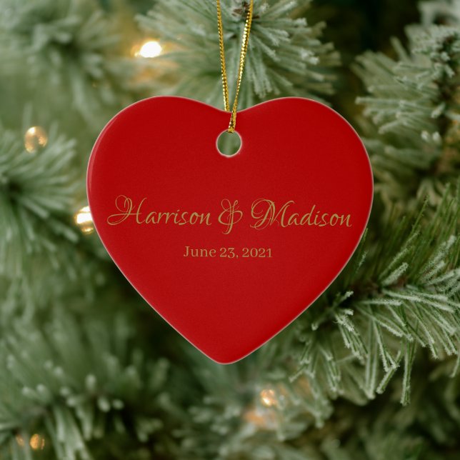 Cute gold red heart custom script names date ceramic tree decoration (Tree)