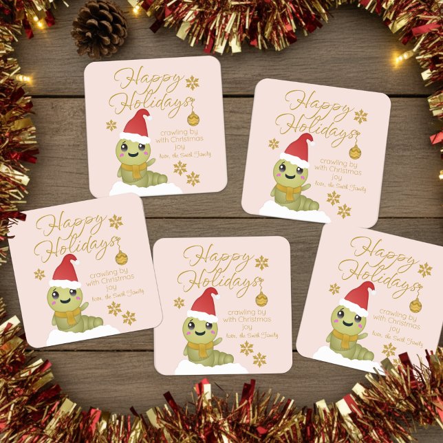 Cute Gold Script Cartoon Christmas Square Sticker (Customize these cute Christmas stickers and send them off with your gift of love.)