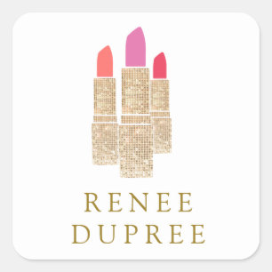 Cute Gold Sequin Lipstick Makeup Artist Beauty Square Sticker