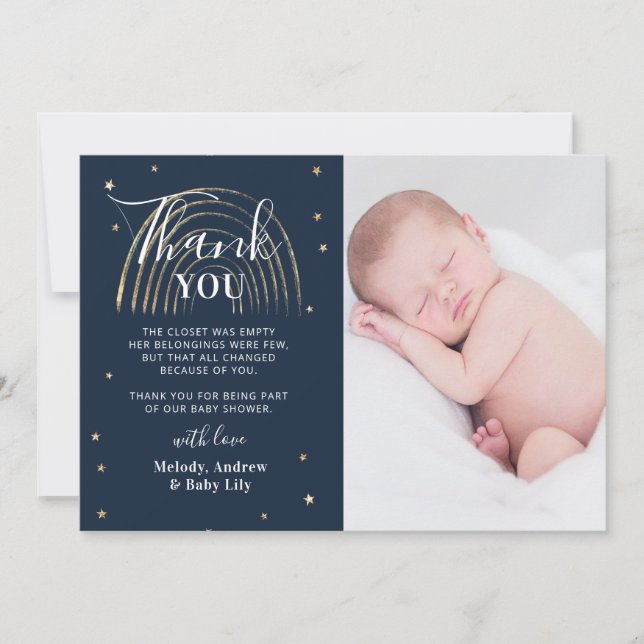 Cute Gold Star & Rainbow Baby Shower Photo Thank You Card (Front)