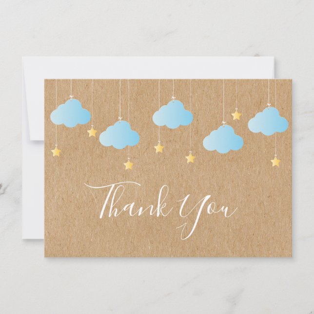 Cute Gold Stars Blue Clouds Rustic Kraft Thank You (Front)