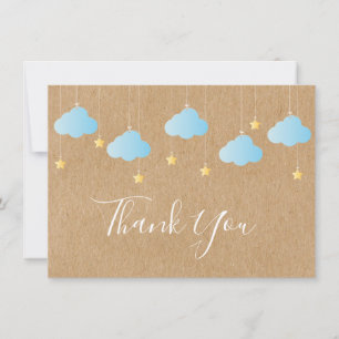 Cute Gold Stars Blue Clouds Rustic Kraft Thank You Card