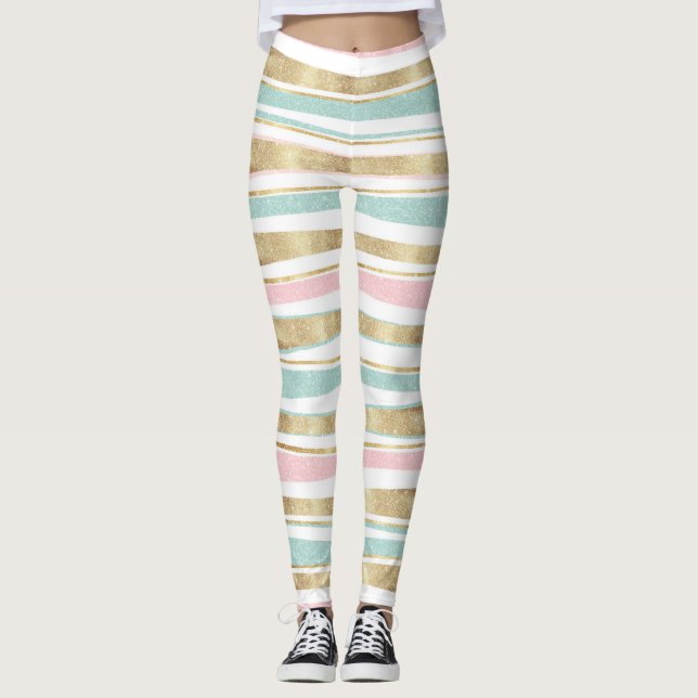 Cute Gold Stripes Doodles Pink Design Leggings (Front)