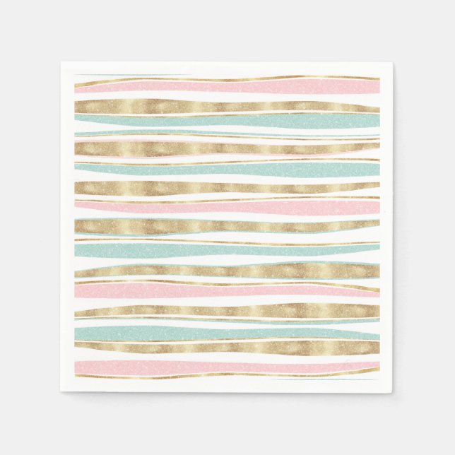 Cute Gold Stripes Doodles Pink Design Napkin (Front)