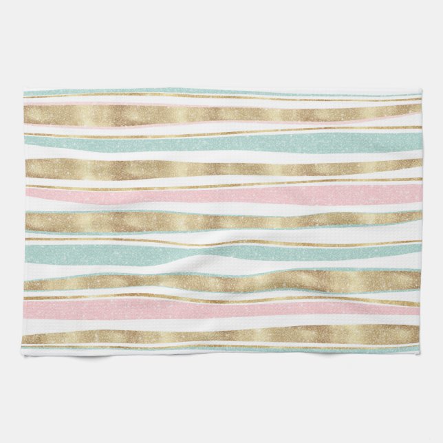 Cute Gold Stripes Doodles Pink Design Tea Towel (Horizontal)