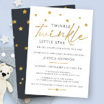 Cute Gold Twinkle Twinkle Little Star Baby Shower Invitation<br><div class="desc">Adorable and cute baby shower invitation features sprinkled stars along the top and the word "twinkle" in gold with modern serif typography. The back of the invitation is charcoal grey with sprinkled gold stars.</div>