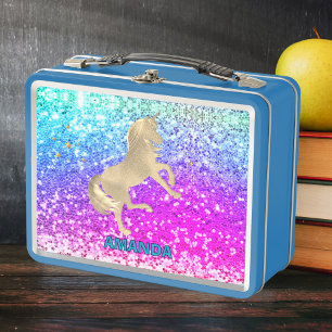 Cute gold unicorn Glitter colorful monogram Metal Lunch Box