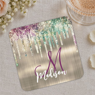 Cute gold unicorn Glitter Drips monogram Square Paper Coaster