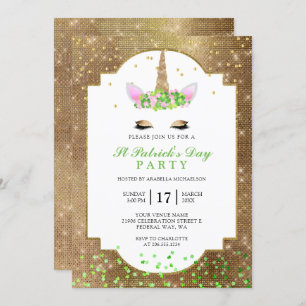 Cute Gold Unicorn St Patrick's Day Party Invitation