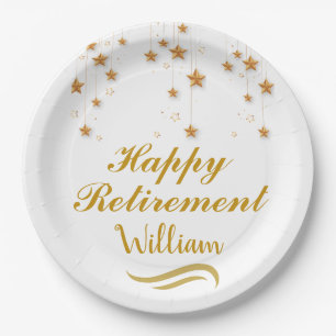 Cute gold & white script Happy Retirement   Paper Plate