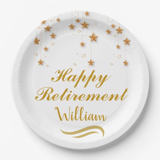 Cute gold & white script Happy Retirement   Paper Plate (Front)