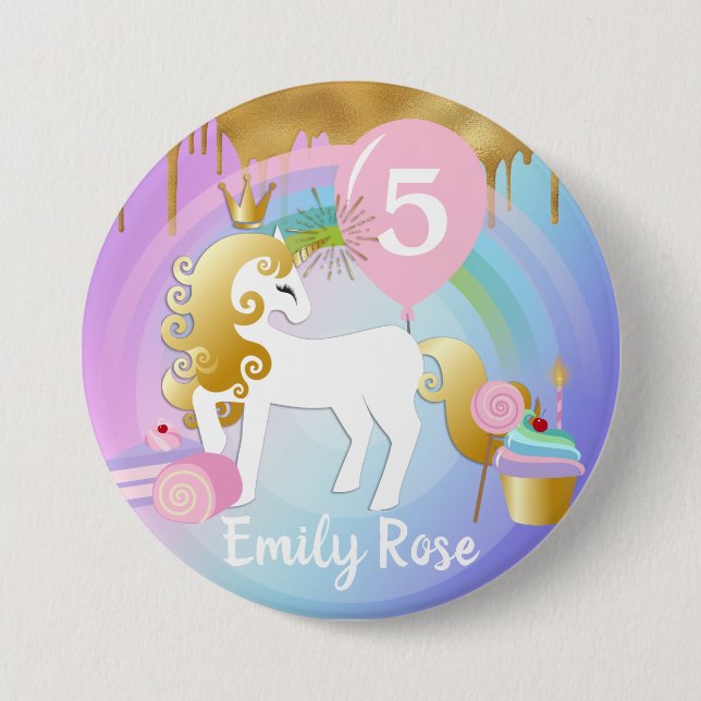 Cute Gold & White Unicorn Treats Birthday 7.5 Cm Round Badge (Front)