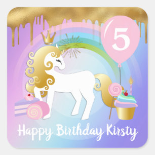 Cute Gold & White Unicorn Treats Birthday Square Sticker