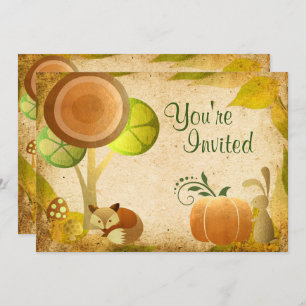 Cute Golden Autumn Woodland Animals Birthday Party Invitation