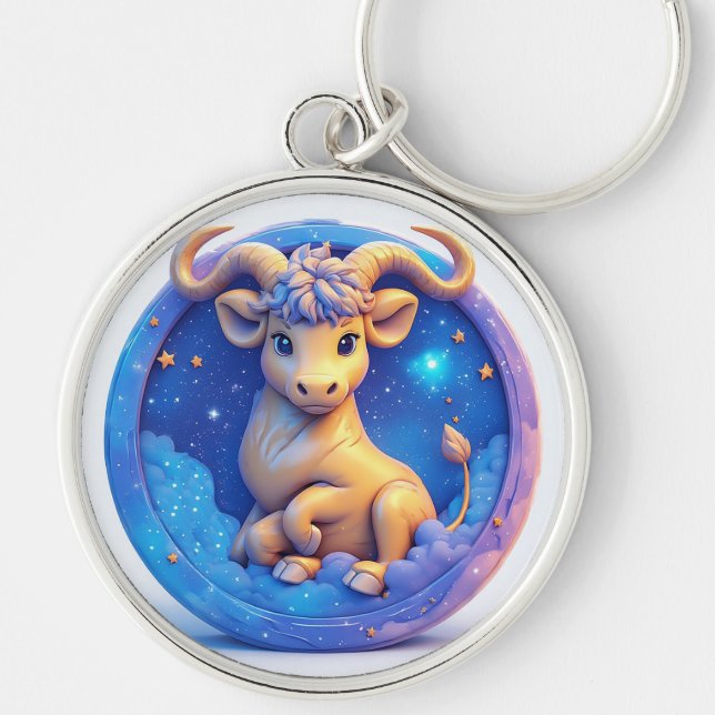 Cute Golden Bull in Cosmic Circle Key Ring (Front)