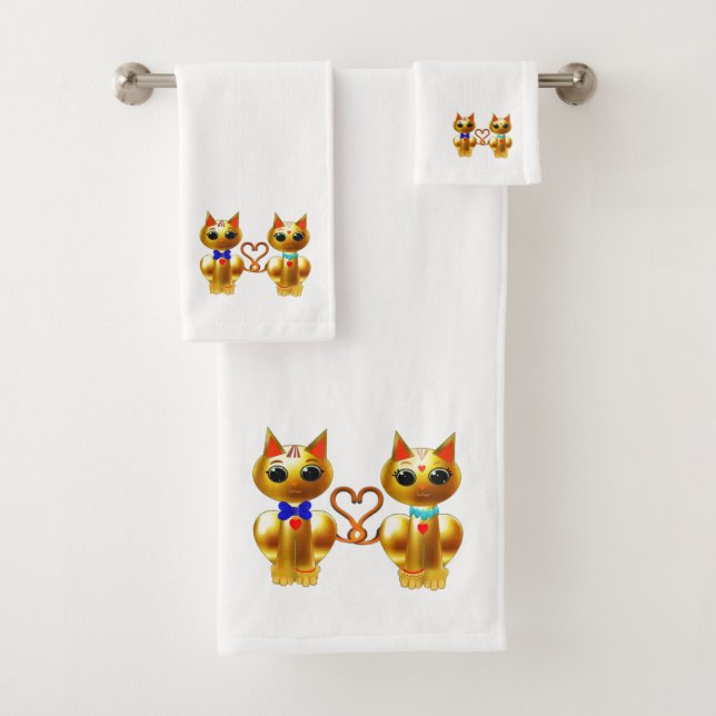 Cute Golden Cat Couple Bath Towel Set (Insitu)