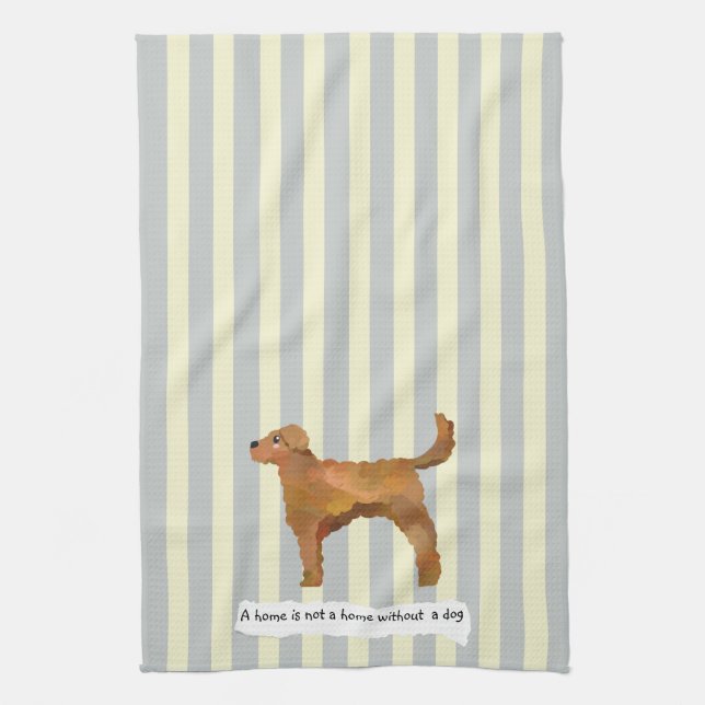 Cute Golden Doodle blue and cream striped Tea Towel (Vertical)