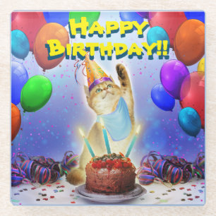 Cute Golden Festive Birthday Kitty Glass Coaster