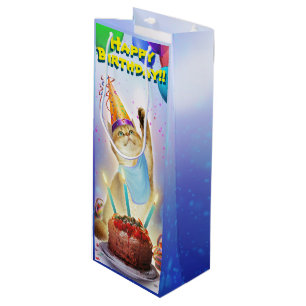 Cute Golden Festive Birthday Kitty Wine Gift Bag